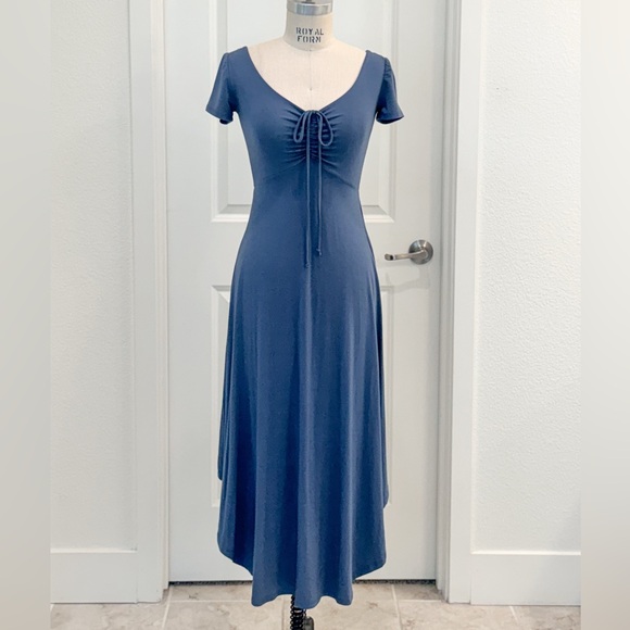 Sozy Dresses & Skirts - Navy Blue V-Neck Maxi Dress with Front Tie Detail